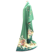 Load image into Gallery viewer, Furisode Green Cherry Blossom Chrysanthemum Silk #11094B1