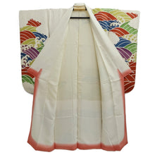 Load image into Gallery viewer, Furisode Vintage(1950-1980) White Red Blue Curling Wave Silk #10564B4