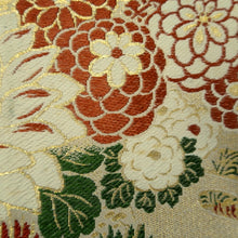 Load image into Gallery viewer, Maru Obi Vintage(1920-1950) Beige Gold Crane Birds Peony Kiku Silk BB284V6