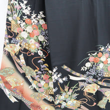 Load image into Gallery viewer, Tomesode Black Chrysanthemum Folding Fan Cherry Blossom Silk #10393F5