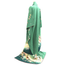 Load image into Gallery viewer, Furisode Green Cherry Blossom Chrysanthemum Silk #11094B1