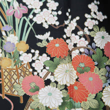 Load image into Gallery viewer, Tomesode Black Chrysanthemum Folding Fan Cherry Blossom Silk #10393F5