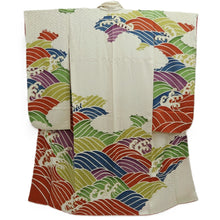 Load image into Gallery viewer, Furisode Vintage(1950-1980) White Red Blue Curling Wave Silk #10564B4