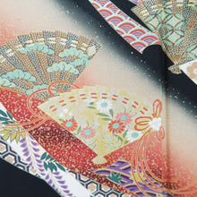 Load image into Gallery viewer, Tomesode Black Chrysanthemum Folding Fan Cherry Blossom Silk #10393F5