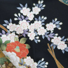 Load image into Gallery viewer, Tomesode Black Chrysanthemum Folding Fan Cherry Blossom Silk #10393F5