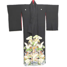 Load image into Gallery viewer, Tomesode Vintage(1920-1950) Black Crane Birds Hand painted Silk #10495B1