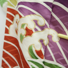 Load image into Gallery viewer, Furisode Vintage(1950-1980) White Red Blue Curling Wave Silk #10564B4