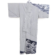 Load image into Gallery viewer, Yukata Vintage(1950-1980) White Navy Curling Wave Cotton #10487B1