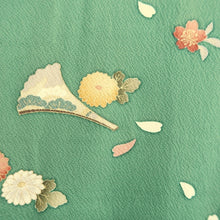 Load image into Gallery viewer, Furisode Green Cherry Blossom Chrysanthemum Silk #11094B1