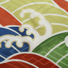 Load image into Gallery viewer, Furisode Vintage(1950-1980) White Red Blue Curling Wave Silk #10564B4