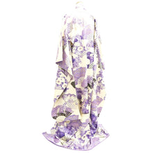 Load image into Gallery viewer, Furisode White Purple Lavender Chrysanthemum Folding Fan Silk #10545B3