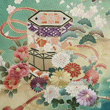 Load image into Gallery viewer, Furisode Green Cherry Blossom Chrysanthemum Silk #11094B1