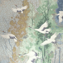 Load image into Gallery viewer, Fukuro Obi LavenderBlue Green White Flying Cranes Silk BB313V8
