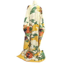 Load image into Gallery viewer, Furisode Vintage(1950-1980) Pale Yellow Butterfly Plum blossom Peony Silk #10565B4