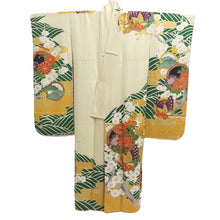 Load image into Gallery viewer, Furisode Vintage(1950-1980) Pale Yellow Butterfly Plum blossom Peony Silk #10565B4