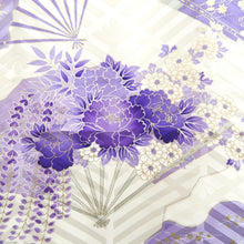 Load image into Gallery viewer, Furisode White Purple Lavender Chrysanthemum Folding Fan Silk #10545B3