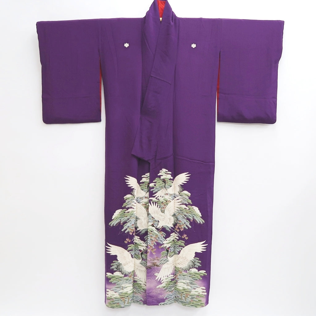 Kimono Vintage(1920-1950) Purple Crane Birds Hand painted Silk