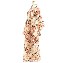 Load image into Gallery viewer, Kimono Vintage(1920-1950) Cream white Red Black Meisen Flower Silk #10770D4
