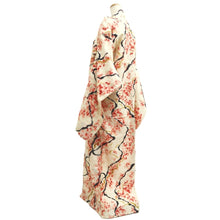 Load image into Gallery viewer, Kimono Vintage(1920-1950) Cream white Red Black Meisen Flower Silk #10770D4