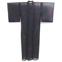 Load image into Gallery viewer, Kimono Vintage(1950-1980) Black Magenta See-Through Leaves Silk #10277E4