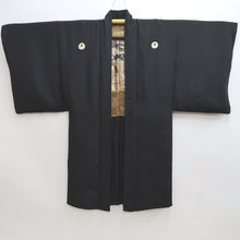 Load image into Gallery viewer, Men's Haori Vintage(1950-1980) Black Montsuki Temple Landscape Silk #9821B1