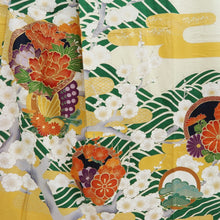 Load image into Gallery viewer, Furisode Vintage(1950-1980) Pale Yellow Butterfly Plum blossom Peony Silk #10565B4