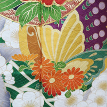 Load image into Gallery viewer, Furisode Vintage(1950-1980) Pale Yellow Butterfly Plum blossom Peony Silk #10565B4
