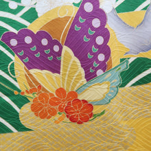 Load image into Gallery viewer, Furisode Vintage(1950-1980) Pale Yellow Butterfly Plum blossom Peony Silk #10565B4