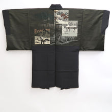 Load image into Gallery viewer, Men's Haori Vintage(1950-1980) Black Montsuki Habutae Ukiyoe Silk #10884E4