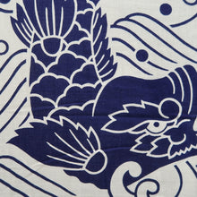 Load image into Gallery viewer, Yukata Vintage(1950-1980) White Navy Curling Wave Shachihoko Cotton #10479A5
