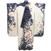 Load image into Gallery viewer, Furisode Dark Blue White Plum blossom Branch Tall Silk #10327F1