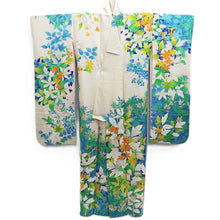Load image into Gallery viewer, Furisode White Blue Green Plants Silk #10317F1