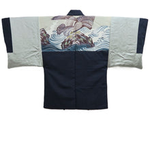 Load image into Gallery viewer, Men's Haori Vintage(1950-1980) Blueish Black Eagle Curling Wave Silk #10652C4