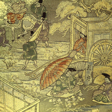 Load image into Gallery viewer, Fukuro Obi Gold Samurai Heian Period Aristocrats Silk BB346W1