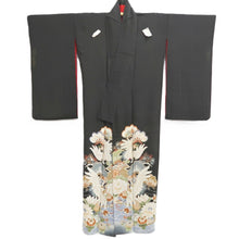 Load image into Gallery viewer, Tomesode Vintage(1920-1950) Black Hand painted Crane Birds Silk #10406A1