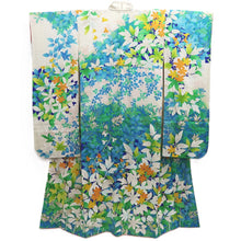 Load image into Gallery viewer, Furisode White Blue Green Plants Silk #10317F1