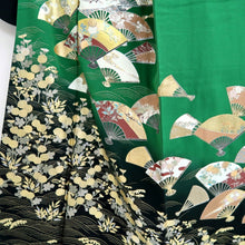 Load image into Gallery viewer, Furisode Green Black Gold Folding Fan Willow Tall Silk #10557B4