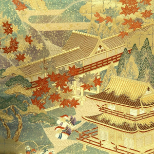 Fukuro Obi Gold White Bird Pagoda Zen Temple Silk BB278V6