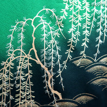 Load image into Gallery viewer, Furisode Green Black Gold Folding Fan Willow Tall Silk #10557B4