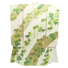 Load image into Gallery viewer, Furisode Vintage(1950-1980) White Gold Green Embroidery Chrysanthemum Bamboo Silk #10547B3