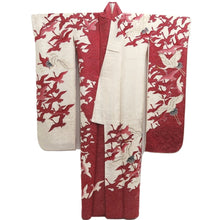 Load image into Gallery viewer, Furisode White Red Crane Birds Silk #10318F1