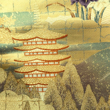 Load image into Gallery viewer, Fukuro Obi Gold White Bird Pagoda Zen Temple Silk BB278V6
