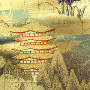 Fukuro Obi Gold White Bird Pagoda Zen Temple Silk BB278V6