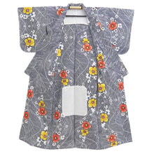 Load image into Gallery viewer, Yukata Vintage(1950-1980) Navy White Floral pattern Wave Cotton #11103B1