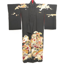 Load image into Gallery viewer, Tomesode Vintage(1920-1950) Black Crane Birds Hand painted Silk #10498B1