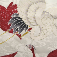 Load image into Gallery viewer, Furisode White Red Crane Birds Silk #10318F1