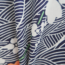 Load image into Gallery viewer, Yukata Vintage(1950-1980) Navy White Floral pattern Wave Cotton #11103B1