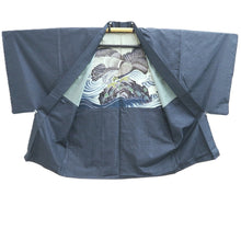 Load image into Gallery viewer, Men's Haori Vintage(1950-1980) Black Blue Ohshima Eagle Curling Wave Silk #10888E4