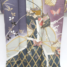 Load image into Gallery viewer, Furisode Gray Purple Peony Butterfly Tall Silk #9684J3
