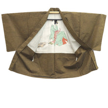 Load image into Gallery viewer, Men's Haori Vintage(1950-1980) Dark Yellow brown Utamaro Ukiyoe Bijinga Silk #10656C4